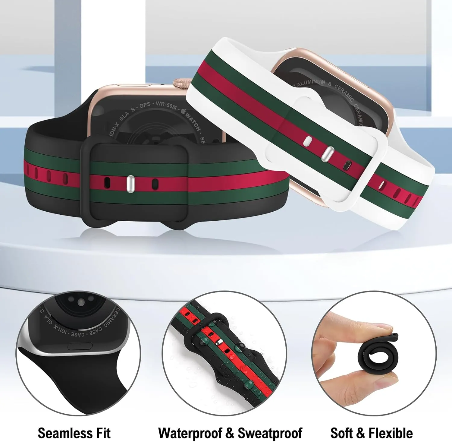[2 Pack] Designer Bands Compatible with Apple Watch Band 38mm 40mm 41mm 42mm 44mm 45mm 46mm 49mm Men Women, Soft Silicone Sport Band Strap for Apple Watch Ultra 2 iWatch Series 10 9 8 7 SE 6 5 4 3 2 1
