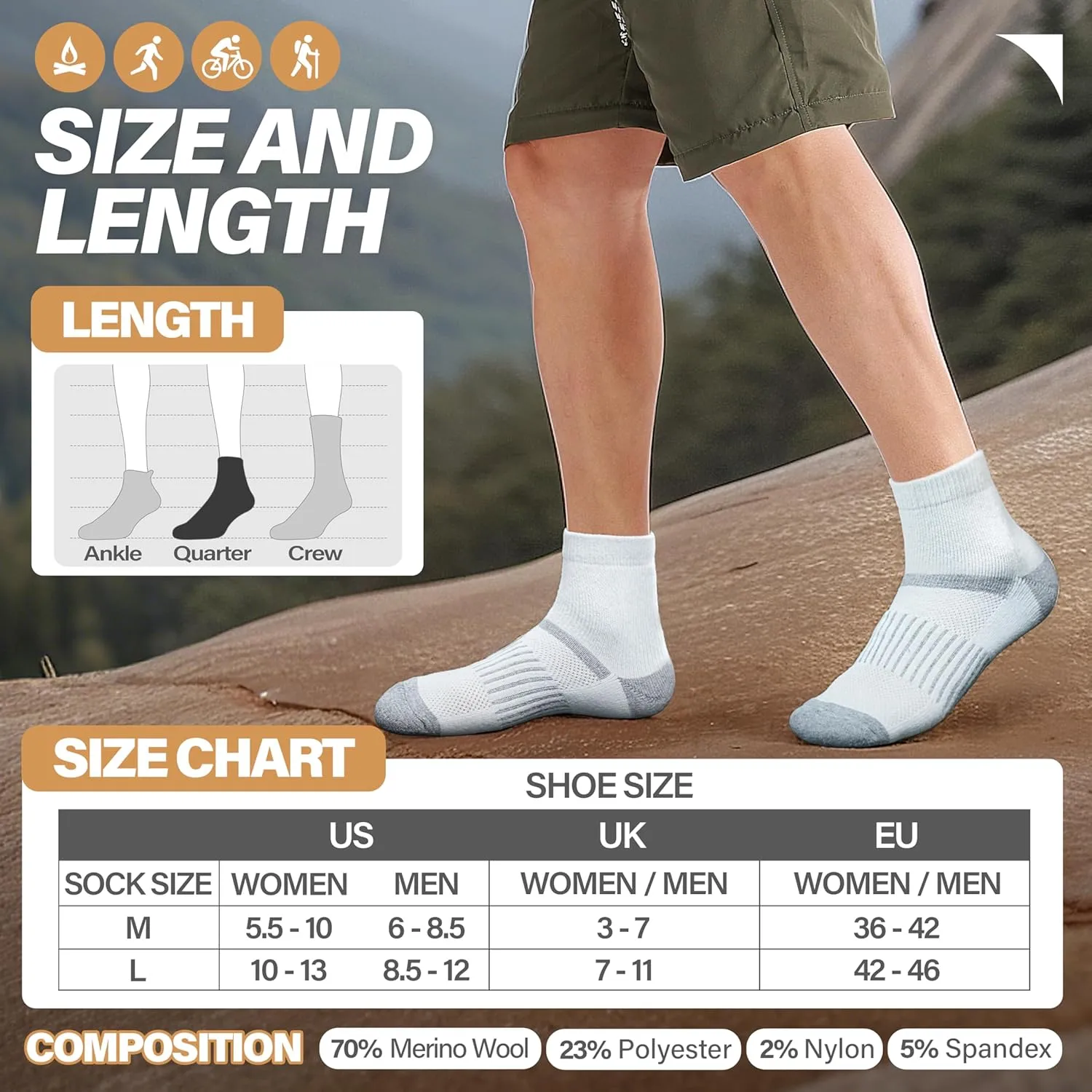 6 Pairs Merino Wool Ankle Running Hiking Socks Compression Support Breathable Thick Cushion No Show Socks for Women Men