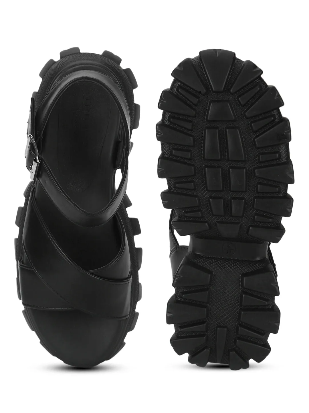 Black PU Cleated Bottom Chunky Sandals With Buckle
