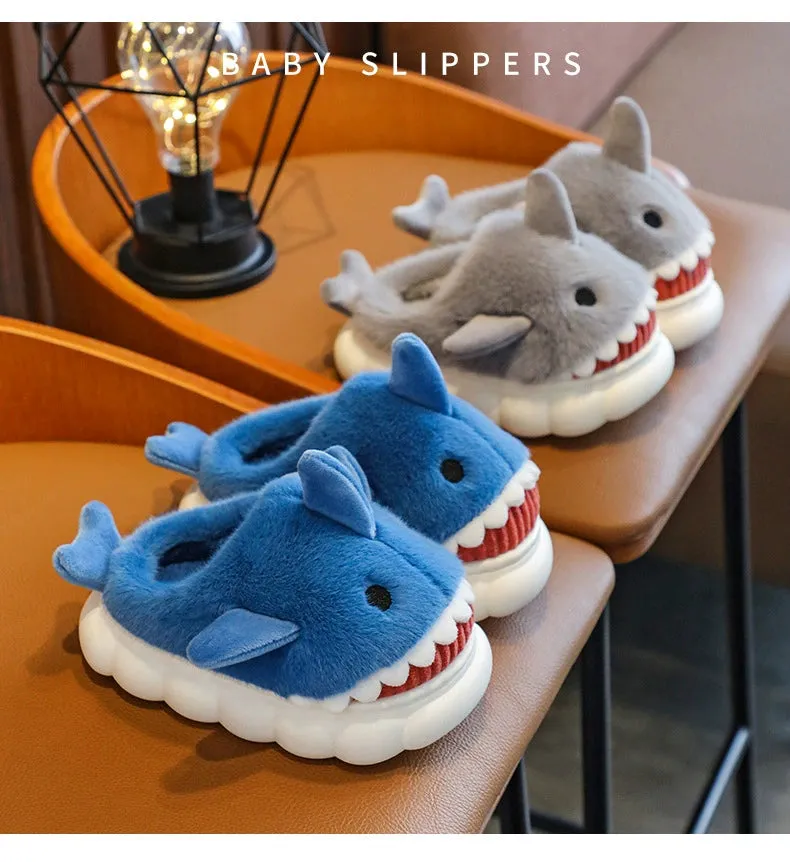 Children's Waterproof Cotton Slippers with Cute Shark Pattern - Non-Slip Indoor Footwear for Autumn and Winter