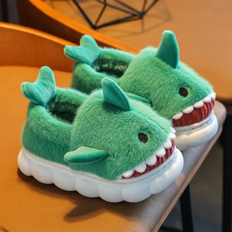 Children's Waterproof Cotton Slippers with Cute Shark Pattern - Non-Slip Indoor Footwear for Autumn and Winter