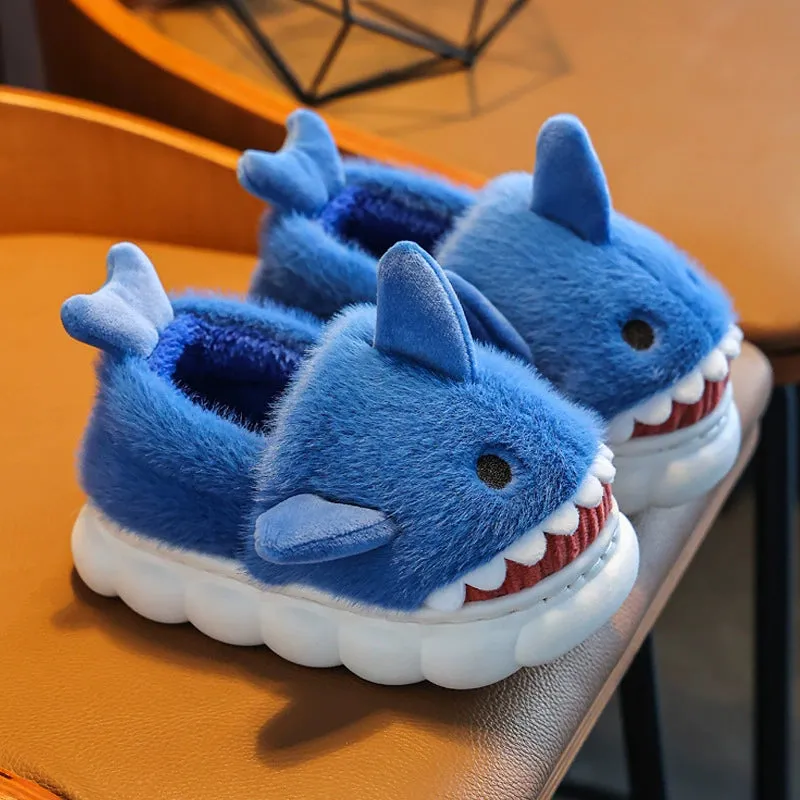 Children's Waterproof Cotton Slippers with Cute Shark Pattern - Non-Slip Indoor Footwear for Autumn and Winter