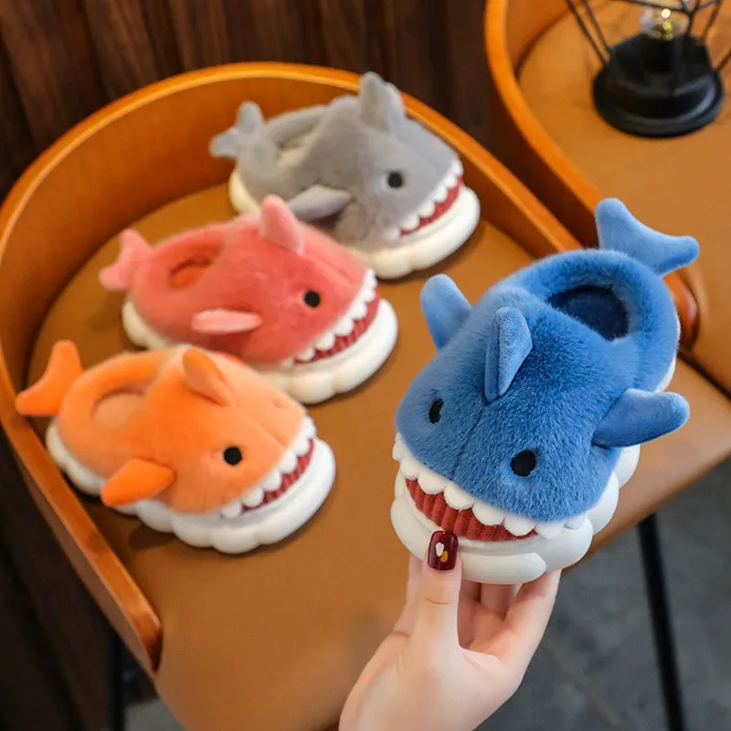 Children's Waterproof Cotton Slippers with Cute Shark Pattern - Non-Slip Indoor Footwear for Autumn and Winter