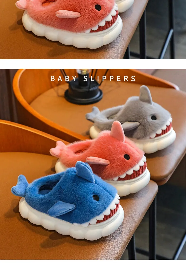 Children's Waterproof Cotton Slippers with Cute Shark Pattern - Non-Slip Indoor Footwear for Autumn and Winter