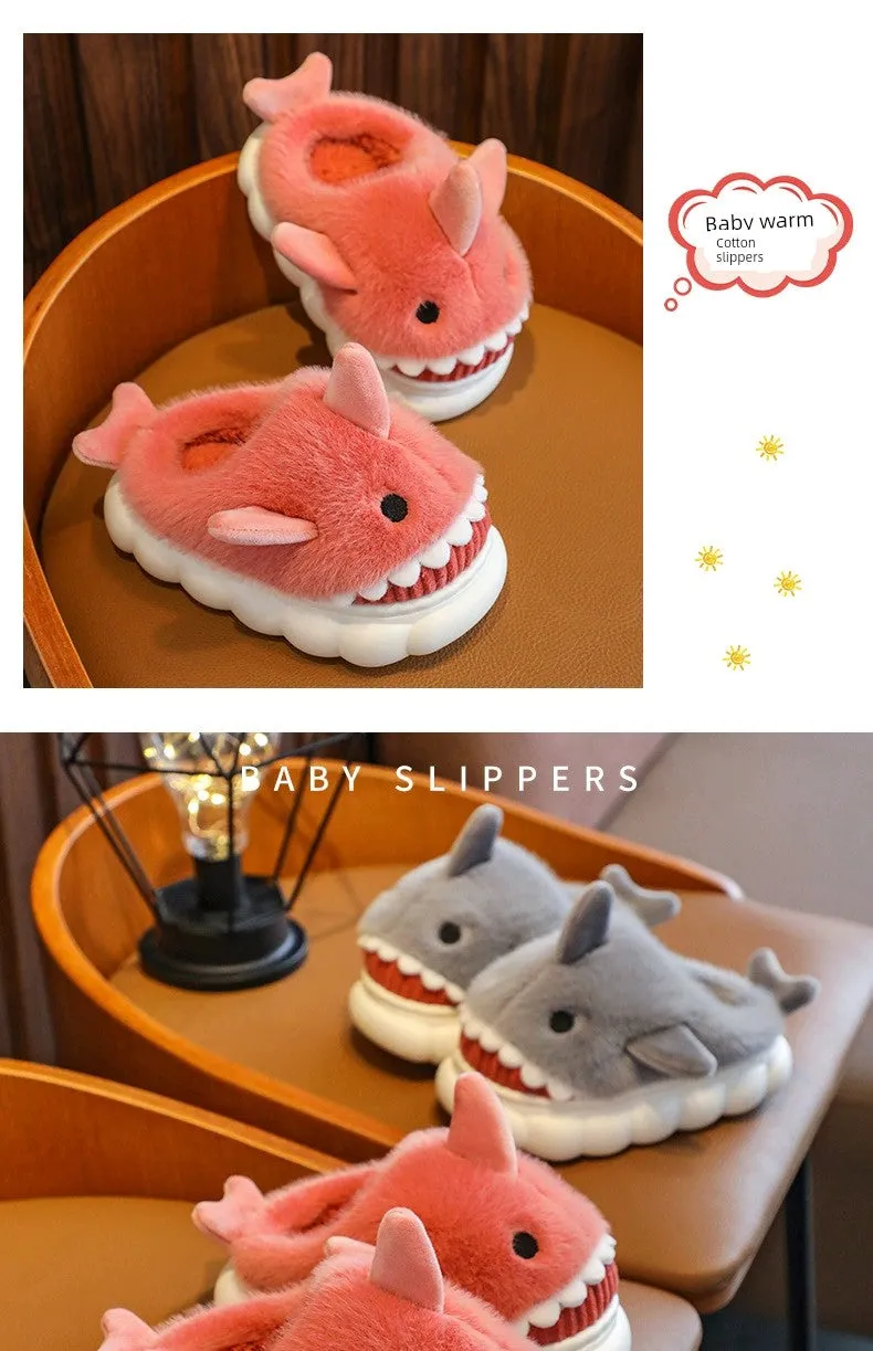 Children's Waterproof Cotton Slippers with Cute Shark Pattern - Non-Slip Indoor Footwear for Autumn and Winter
