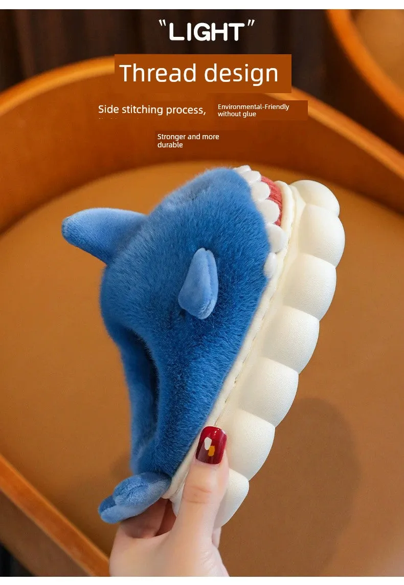 Children's Waterproof Cotton Slippers with Cute Shark Pattern - Non-Slip Indoor Footwear for Autumn and Winter