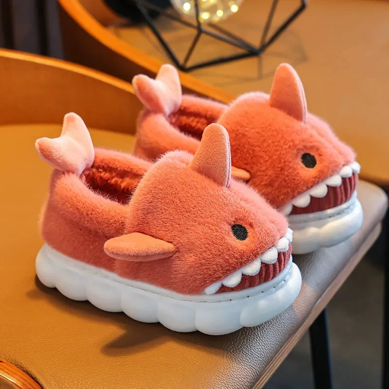 Children's Waterproof Cotton Slippers with Cute Shark Pattern - Non-Slip Indoor Footwear for Autumn and Winter