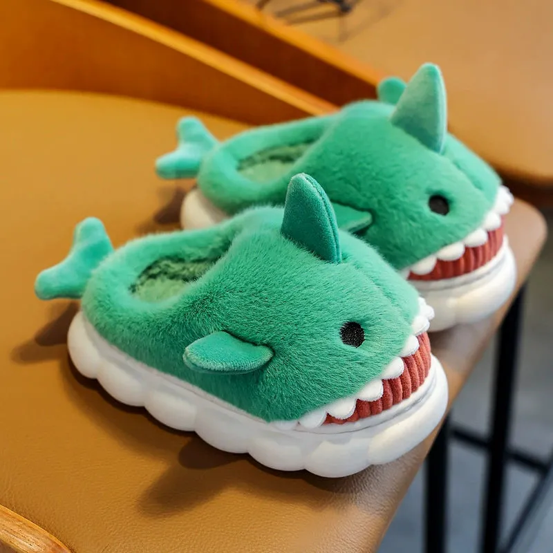 Children's Waterproof Cotton Slippers with Cute Shark Pattern - Non-Slip Indoor Footwear for Autumn and Winter