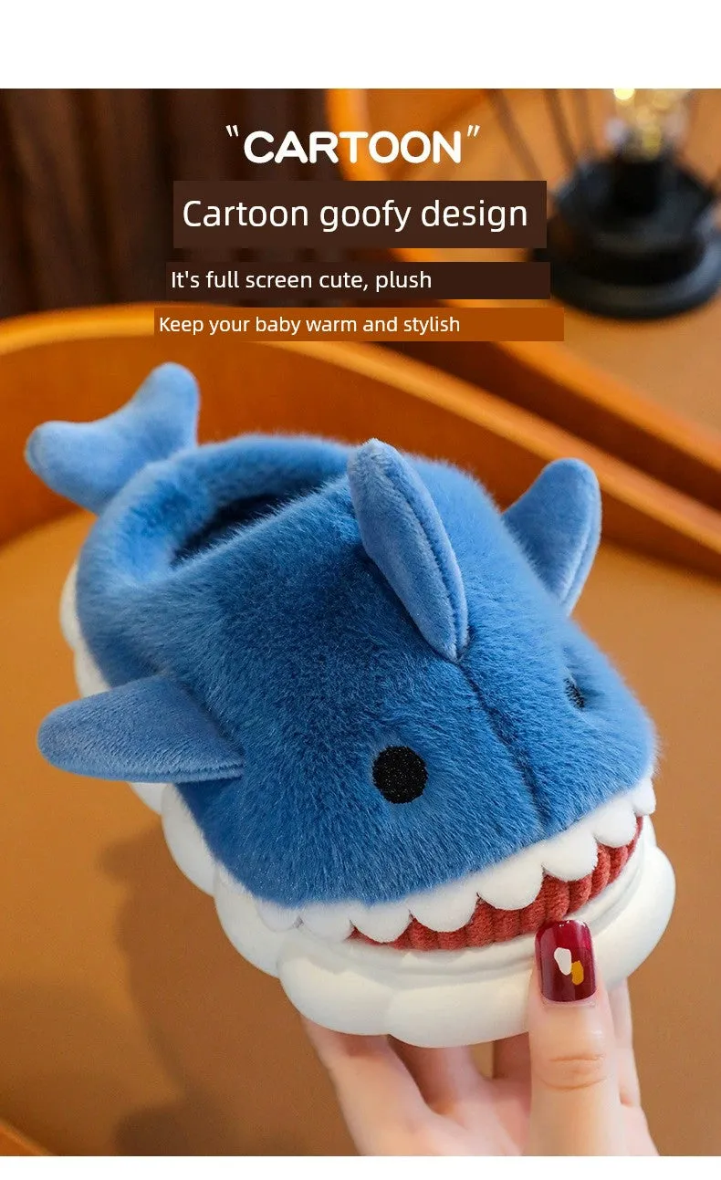 Children's Waterproof Cotton Slippers with Cute Shark Pattern - Non-Slip Indoor Footwear for Autumn and Winter