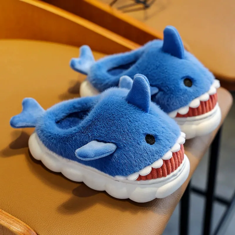 Children's Waterproof Cotton Slippers with Cute Shark Pattern - Non-Slip Indoor Footwear for Autumn and Winter