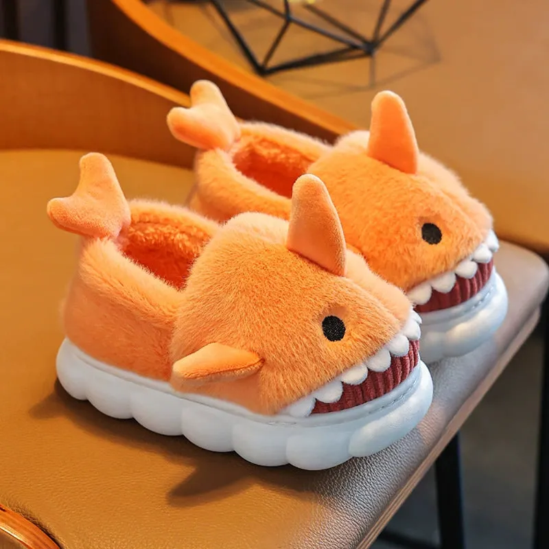 Children's Waterproof Cotton Slippers with Cute Shark Pattern - Non-Slip Indoor Footwear for Autumn and Winter