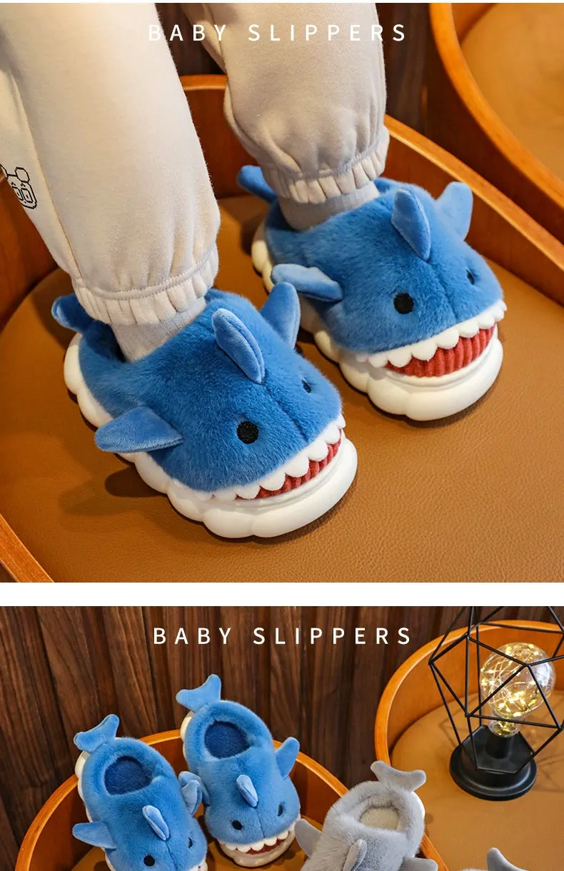 Children's Waterproof Cotton Slippers with Cute Shark Pattern - Non-Slip Indoor Footwear for Autumn and Winter