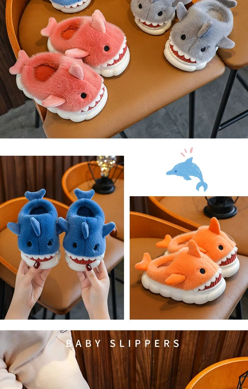 Children's Waterproof Cotton Slippers with Cute Shark Pattern - Non-Slip Indoor Footwear for Autumn and Winter