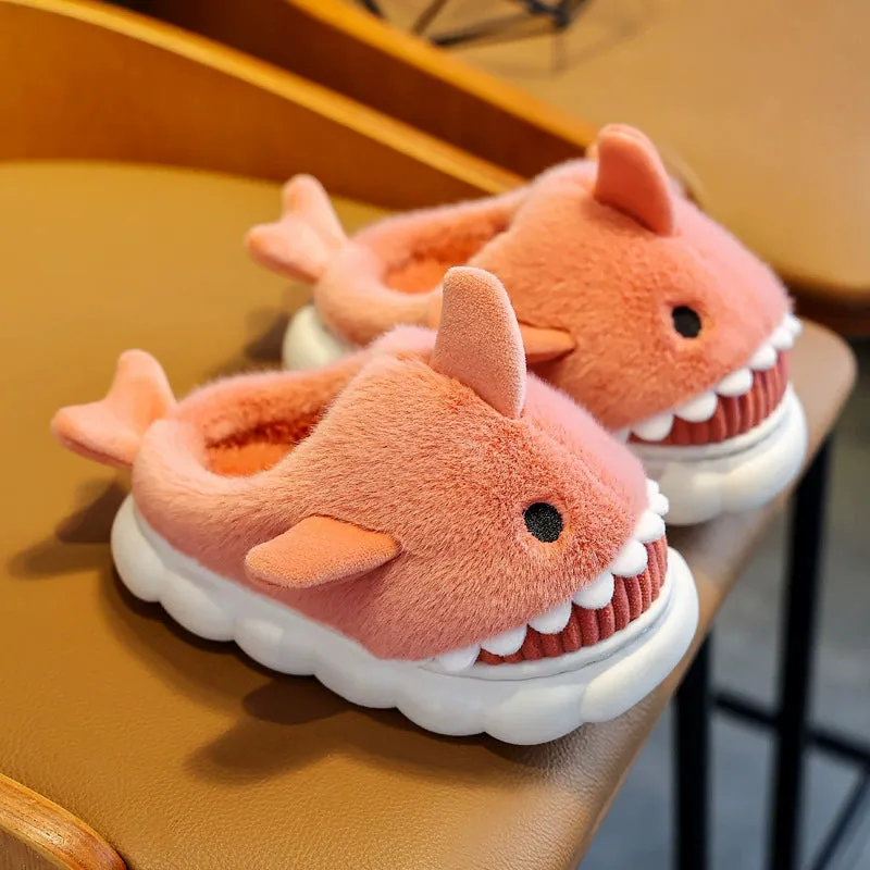 Children's Waterproof Cotton Slippers with Cute Shark Pattern - Non-Slip Indoor Footwear for Autumn and Winter