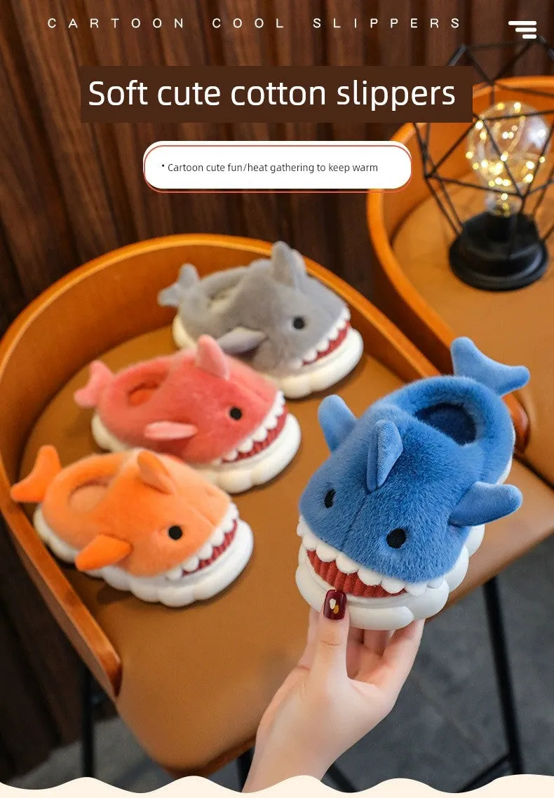 Children's Waterproof Cotton Slippers with Cute Shark Pattern - Non-Slip Indoor Footwear for Autumn and Winter
