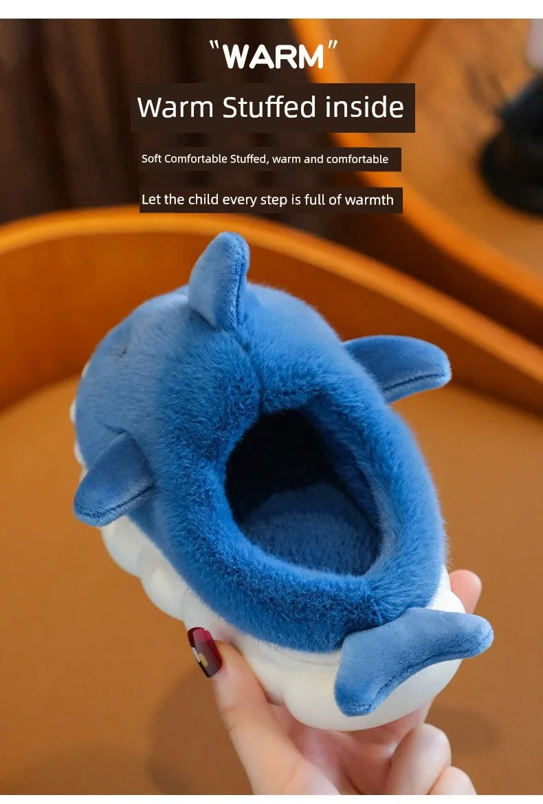 Children's Waterproof Cotton Slippers with Cute Shark Pattern - Non-Slip Indoor Footwear for Autumn and Winter