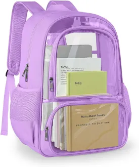 Clear Backpack, Fabric & PVC Transparent Backpack with Reinforced Strap for Women Men, Heavy Duty Transparent Bookbag, Large Capacity Clear Bag, Travel, Security, Purple