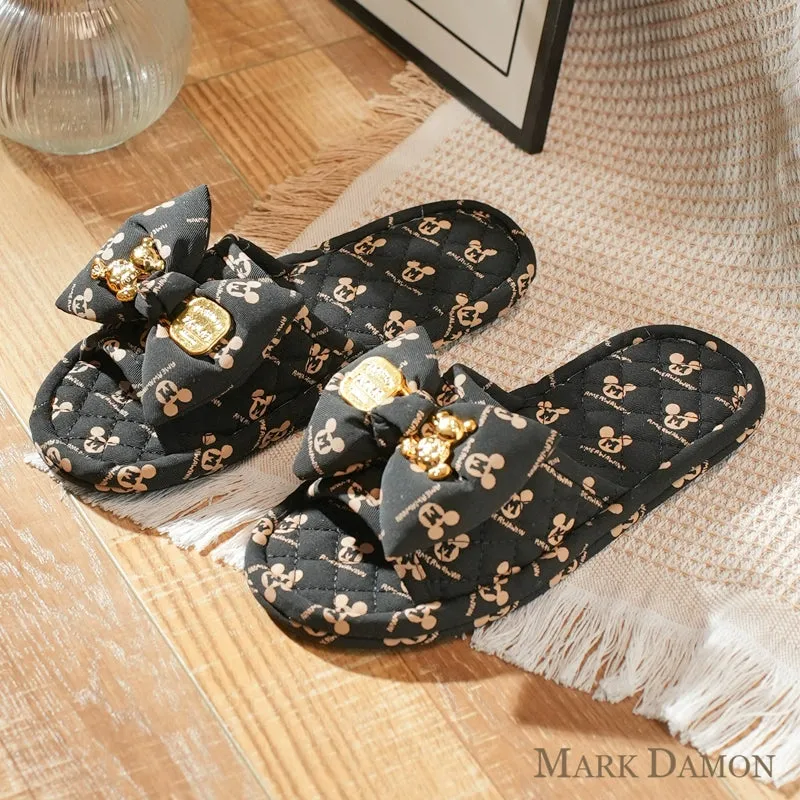 Fabric Craft Mickey Bow Korean Style Non-Slip Silent Soft Bottom Men's and Women's Home Indoor Floor Slippers