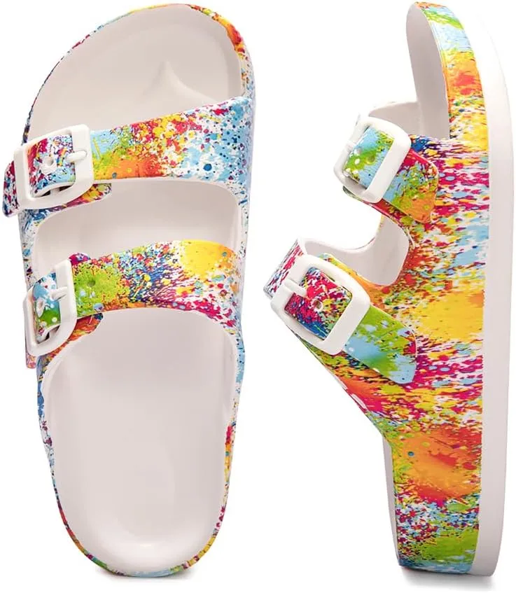 FUNKYMONKEY Unisex-Child Slides Double Buckle Adjustable EVA Flat Sandals for Boys Girls