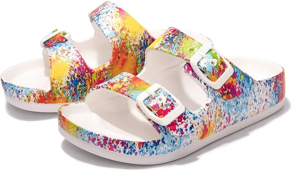 FUNKYMONKEY Unisex-Child Slides Double Buckle Adjustable EVA Flat Sandals for Boys Girls