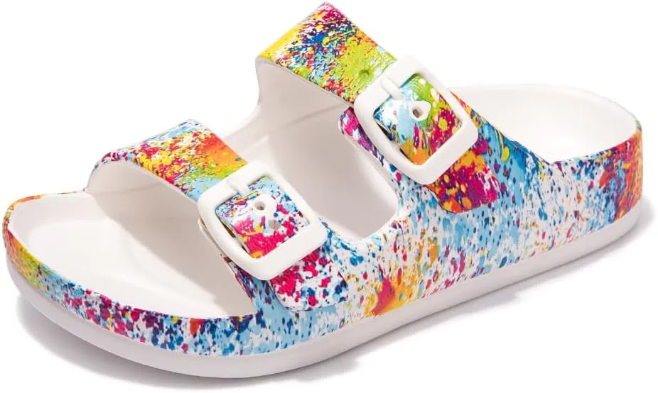 FUNKYMONKEY Unisex-Child Slides Double Buckle Adjustable EVA Flat Sandals for Boys Girls