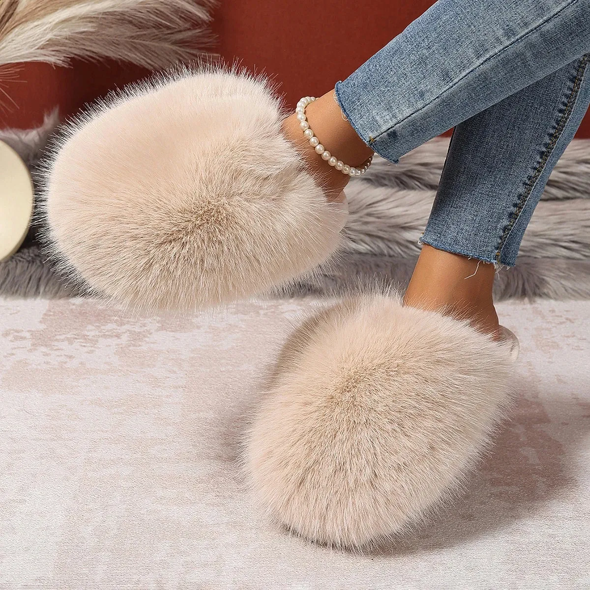 Indoor Faux Fur Slippers for Women