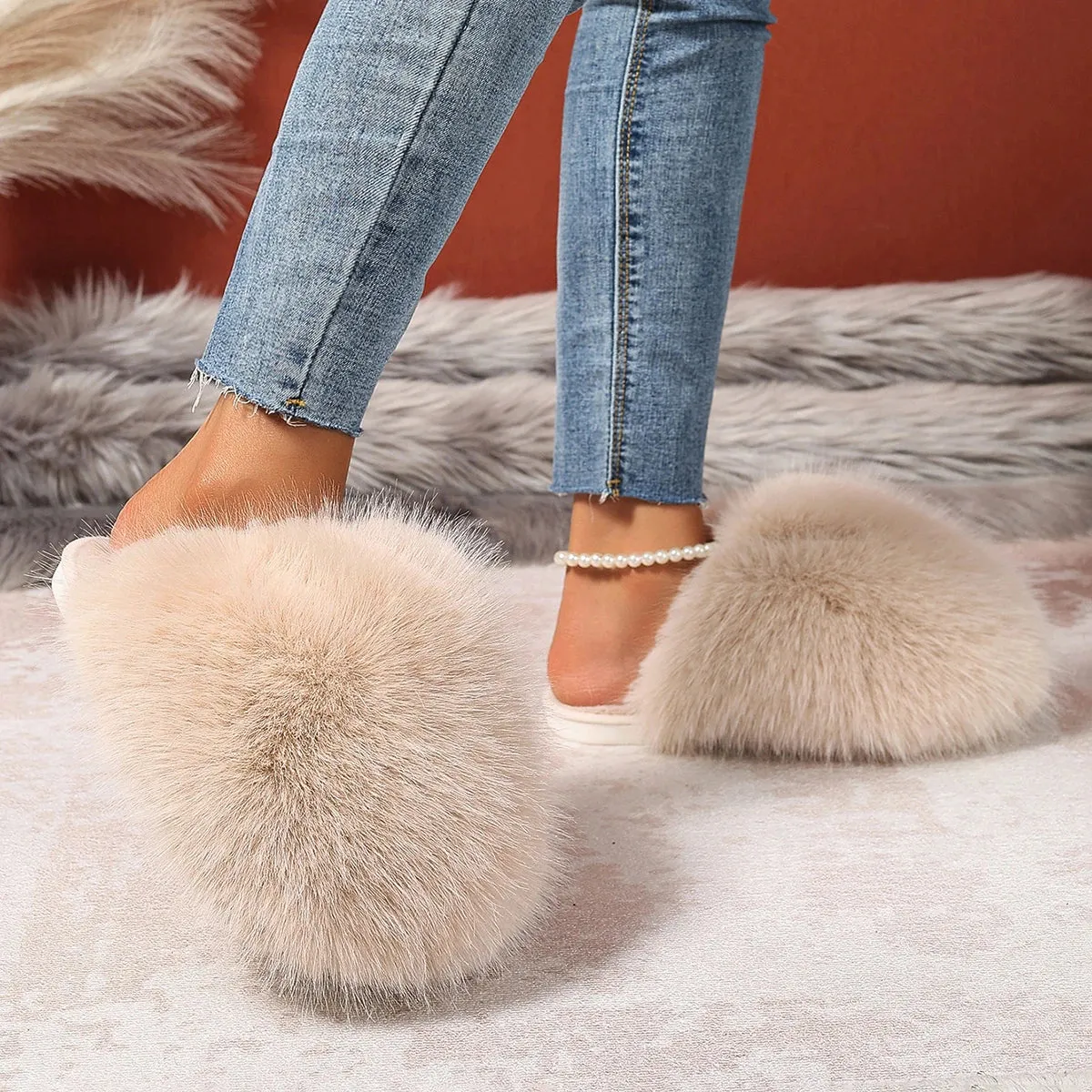 Indoor Faux Fur Slippers for Women