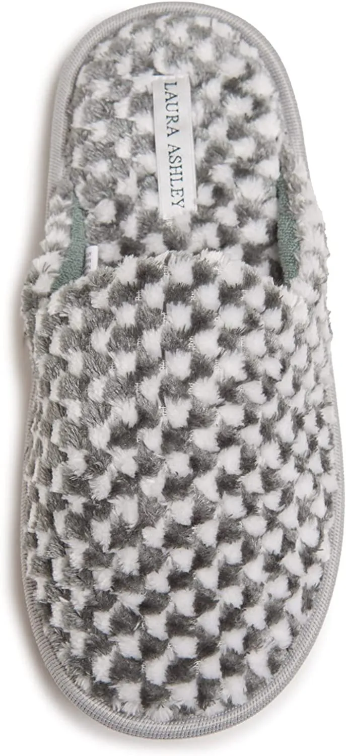 Laura Ashley Ladies Plush Terry Check Scuff Slippers with Memory Foam, Indoor Outdoor Slip On Footwear for Ladies