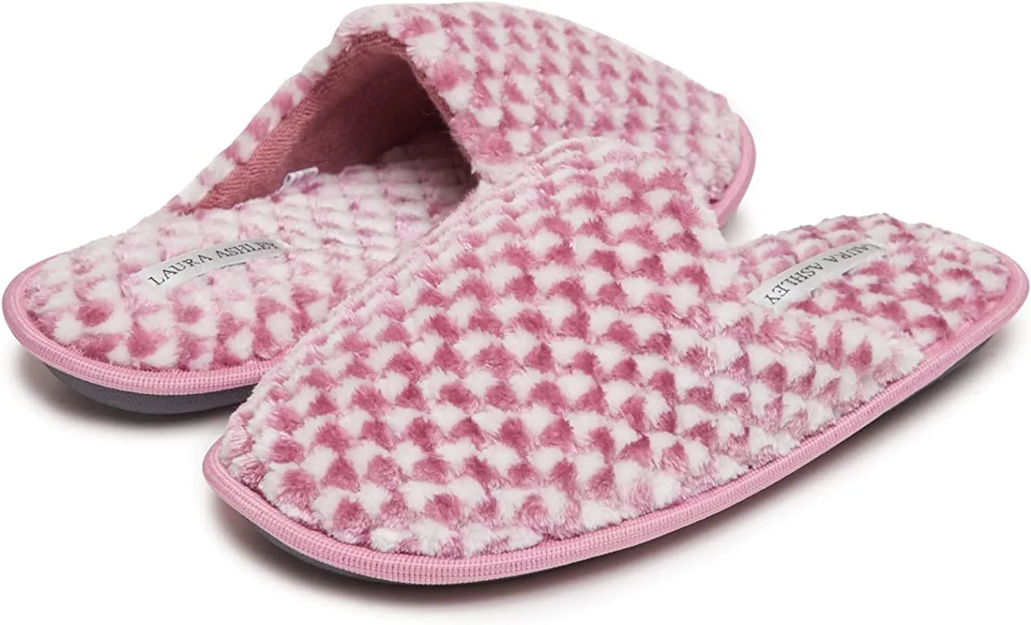 Laura Ashley Ladies Plush Terry Check Scuff Slippers with Memory Foam, Indoor Outdoor Slip On Footwear for Ladies