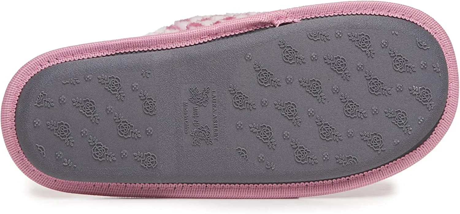 Laura Ashley Ladies Plush Terry Check Scuff Slippers with Memory Foam, Indoor Outdoor Slip On Footwear for Ladies