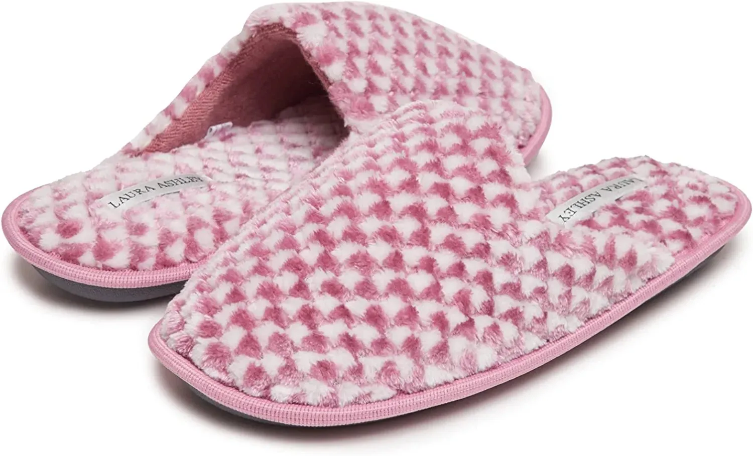 Laura Ashley Ladies Plush Terry Check Scuff Slippers with Memory Foam, Indoor Outdoor Slip On Footwear for Ladies
