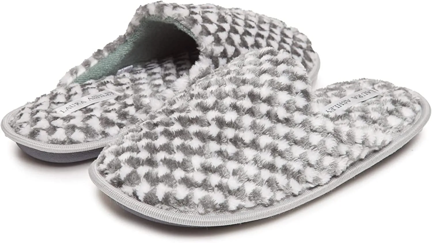 Laura Ashley Ladies Plush Terry Check Scuff Slippers with Memory Foam, Indoor Outdoor Slip On Footwear for Ladies