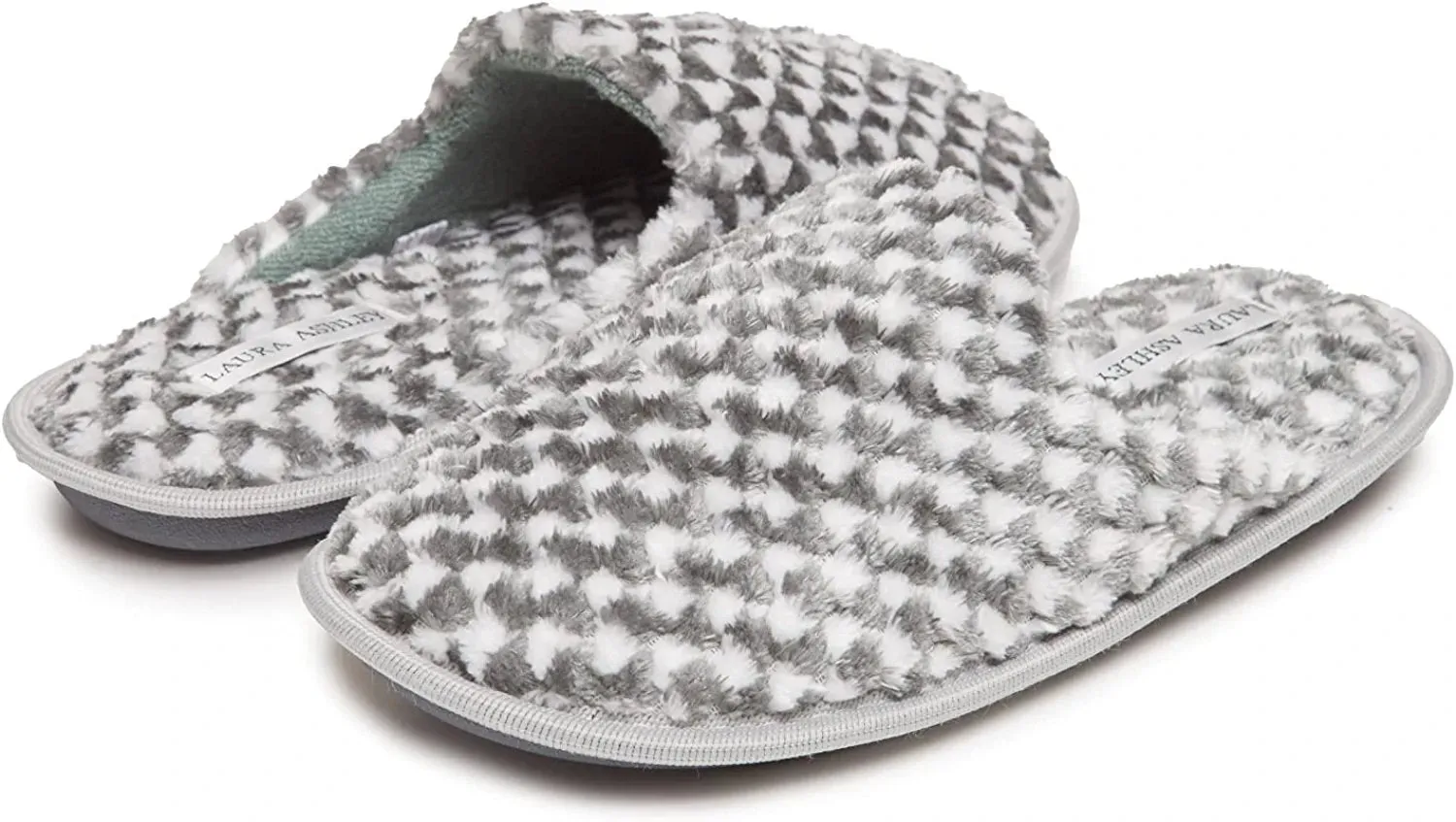 Laura Ashley Ladies Plush Terry Check Scuff Slippers with Memory Foam, Indoor Outdoor Slip On Footwear for Ladies