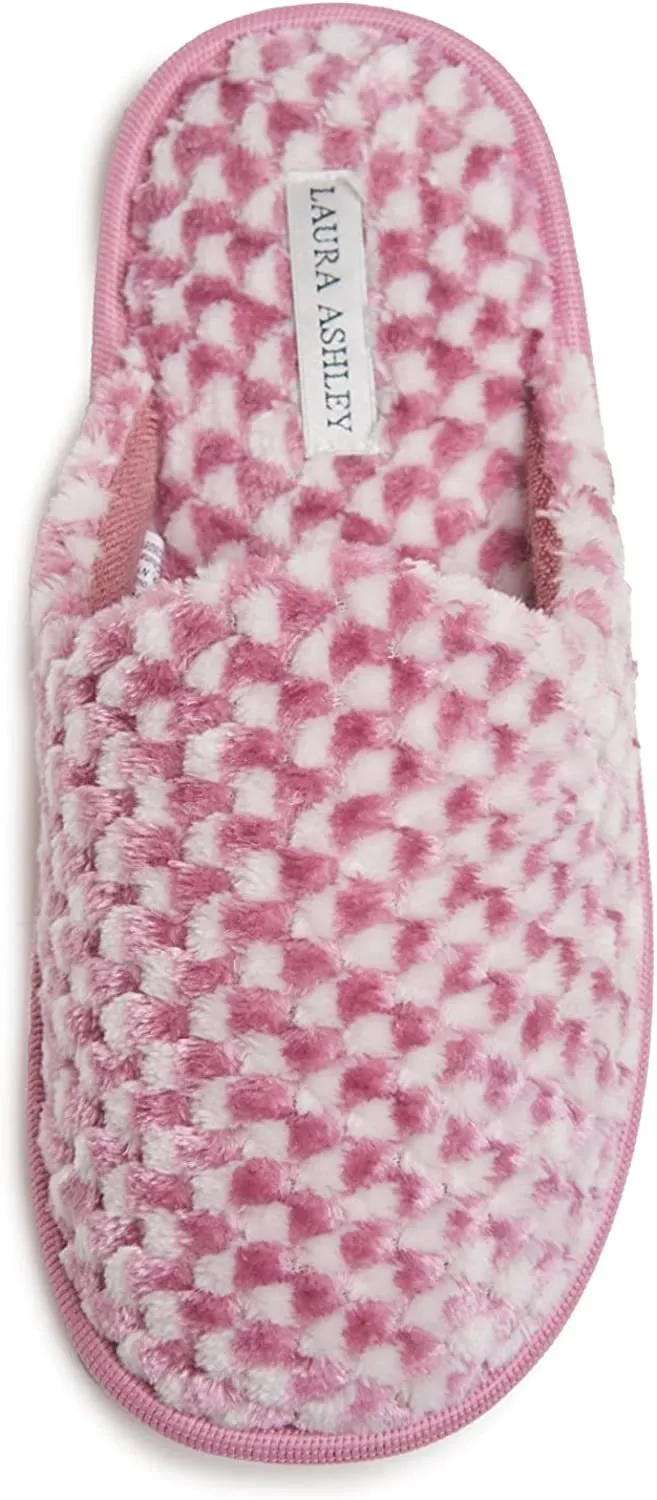 Laura Ashley Ladies Plush Terry Check Scuff Slippers with Memory Foam, Indoor Outdoor Slip On Footwear for Ladies