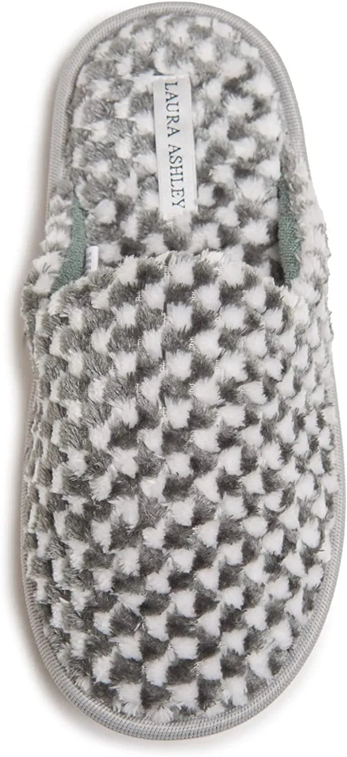 Laura Ashley Ladies Plush Terry Check Scuff Slippers with Memory Foam, Indoor Outdoor Slip On Footwear for Ladies