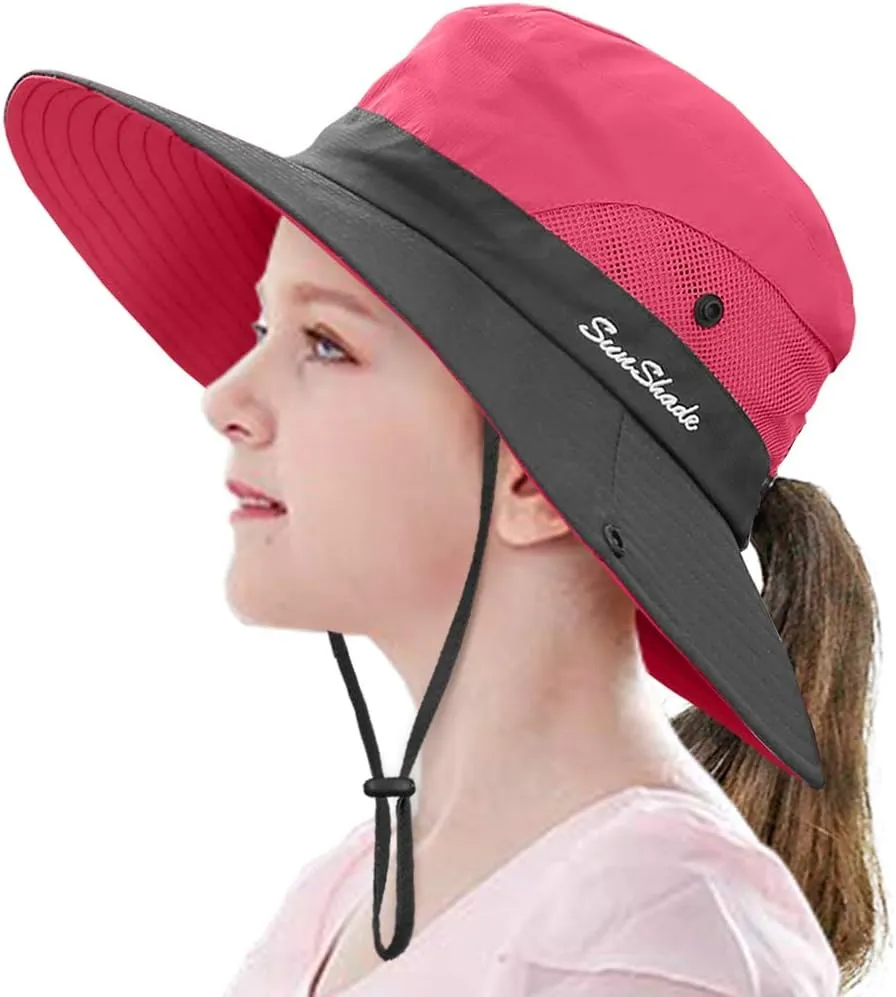 LCZTN Kids Ponytail Sun Hat Wide Brim UV Protection for Girls Beach Bucket Cap