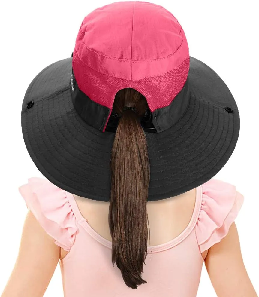 LCZTN Kids Ponytail Sun Hat Wide Brim UV Protection for Girls Beach Bucket Cap