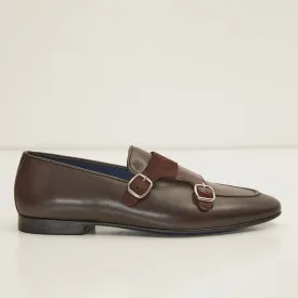 Leather Double Monk Strap Shoes - Brown
