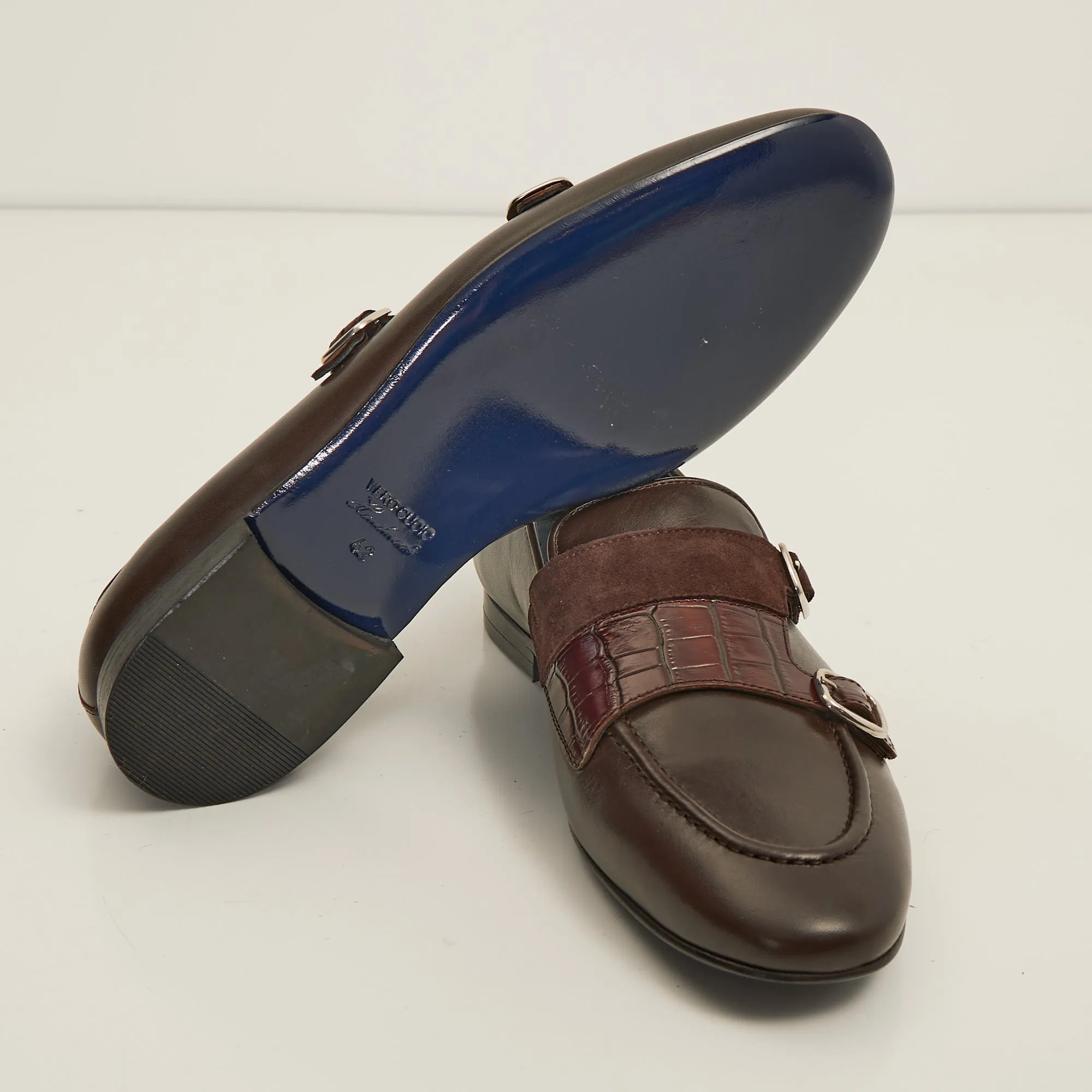 Leather Double Monk Strap Shoes - Brown