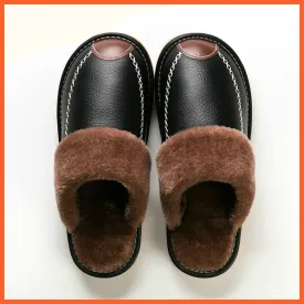Men Winter Leather Slippers Cotton Slippers | Waterproof Thick Plus Velvet Indoor Warm Slippers