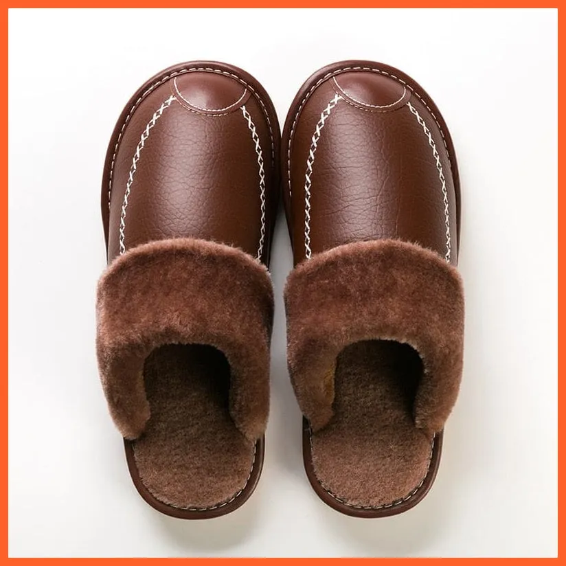 Men Winter Leather Slippers Cotton Slippers | Waterproof Thick Plus Velvet Indoor Warm Slippers