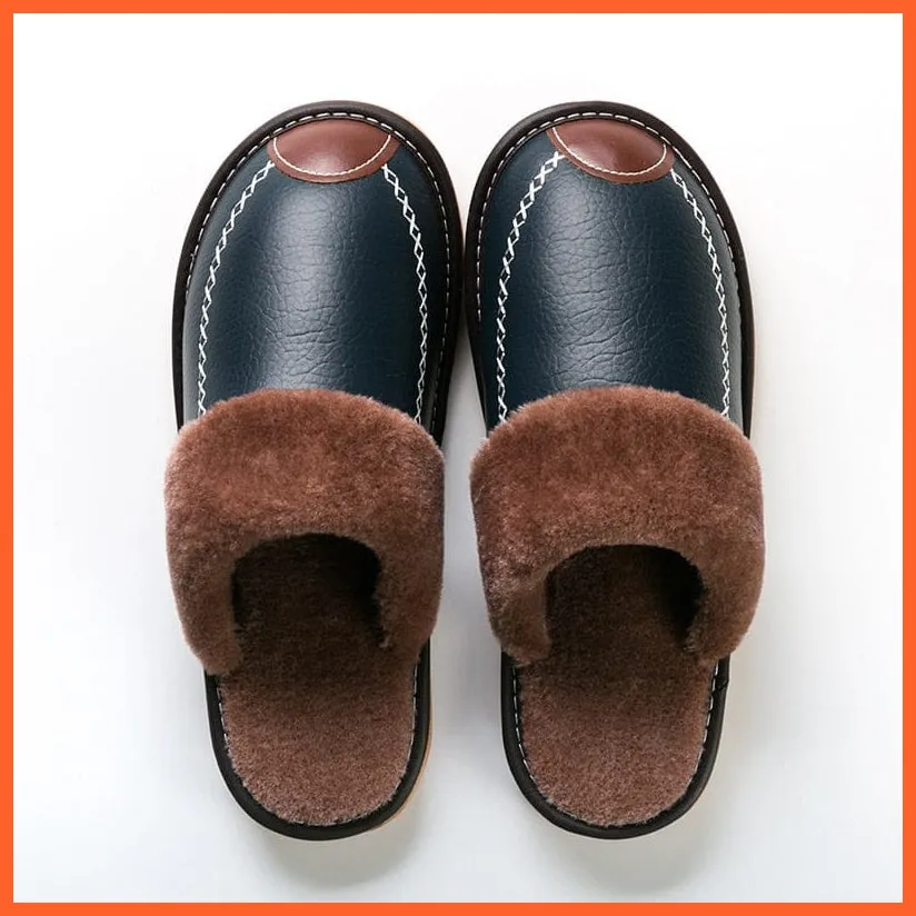 Men Winter Leather Slippers Cotton Slippers | Waterproof Thick Plus Velvet Indoor Warm Slippers