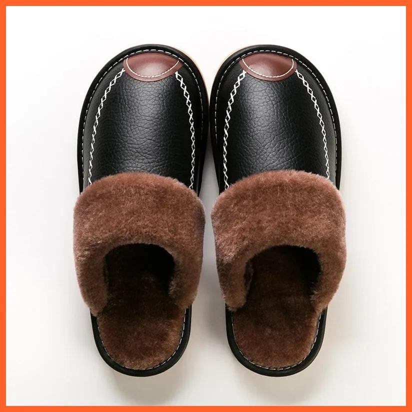 Men Winter Leather Slippers Cotton Slippers | Waterproof Thick Plus Velvet Indoor Warm Slippers