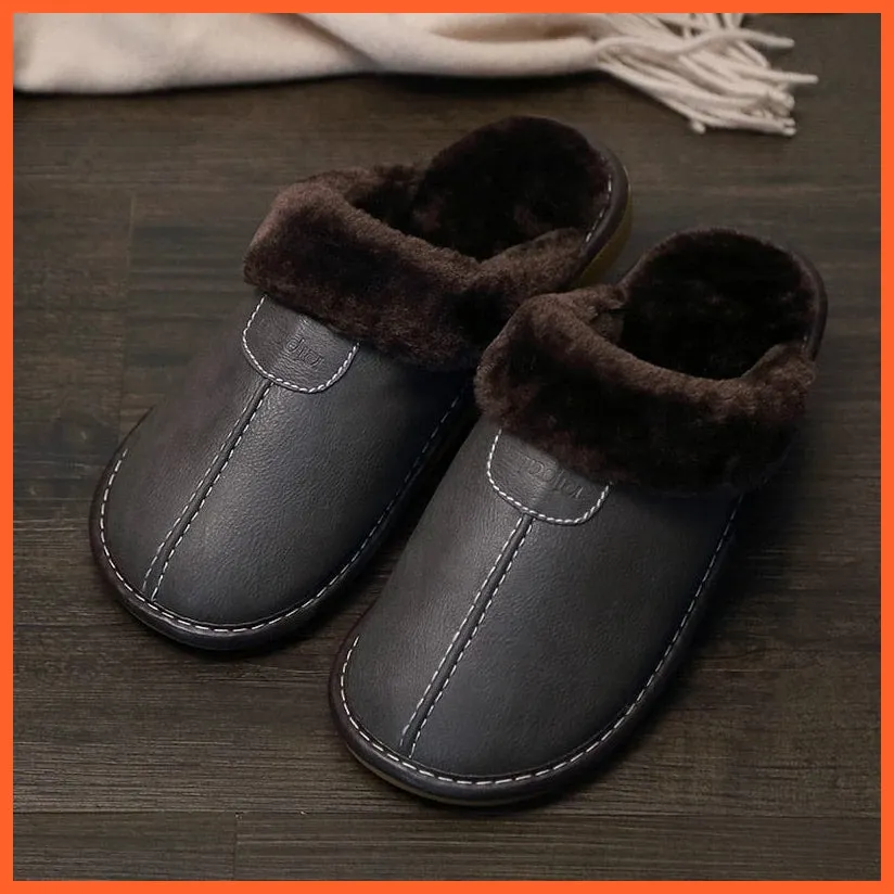 Men Winter Leather Slippers Cotton Slippers | Waterproof Thick Plus Velvet Indoor Warm Slippers