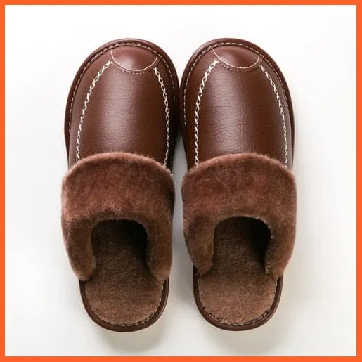 Men Winter Leather Slippers Cotton Slippers | Waterproof Thick Plus Velvet Indoor Warm Slippers