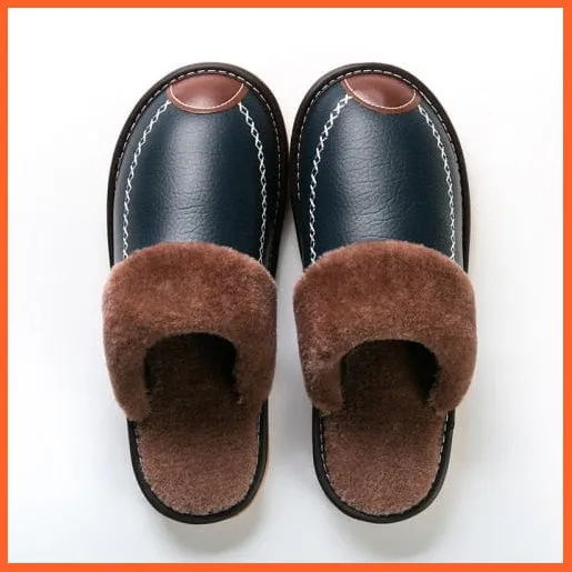 Men Winter Leather Slippers Cotton Slippers | Waterproof Thick Plus Velvet Indoor Warm Slippers