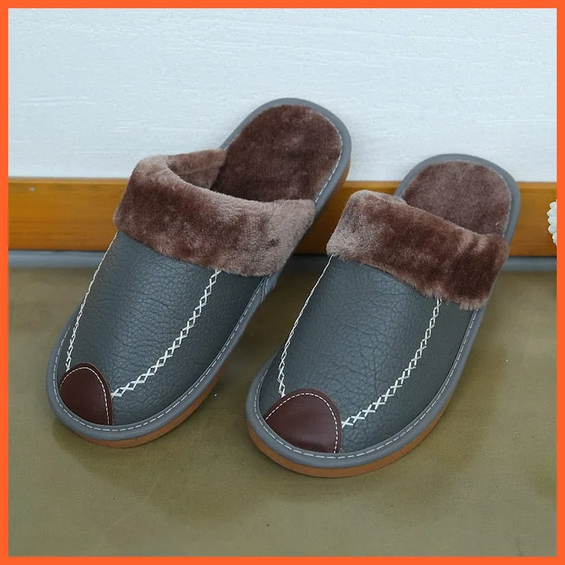 Men Winter Leather Slippers Cotton Slippers | Waterproof Thick Plus Velvet Indoor Warm Slippers