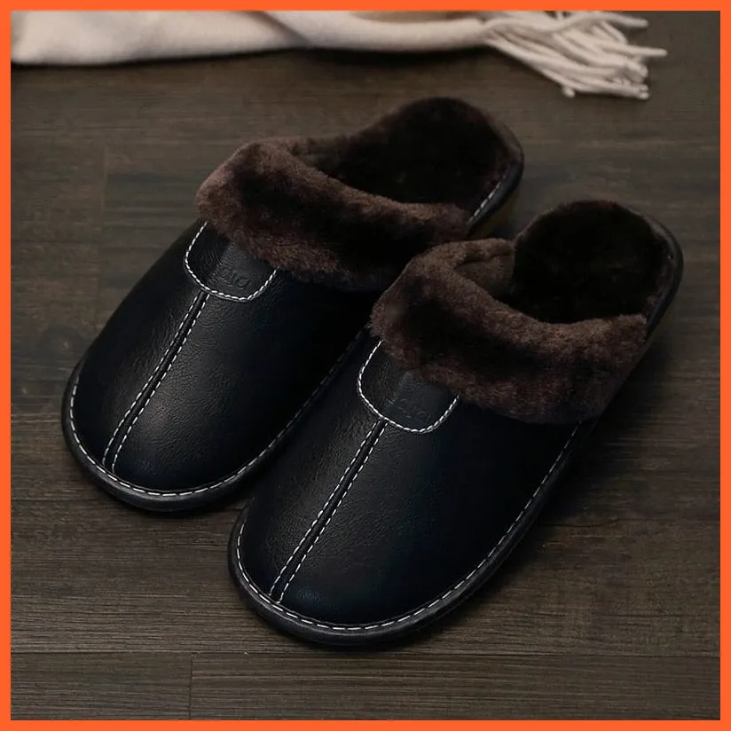 Men Winter Leather Slippers Cotton Slippers | Waterproof Thick Plus Velvet Indoor Warm Slippers