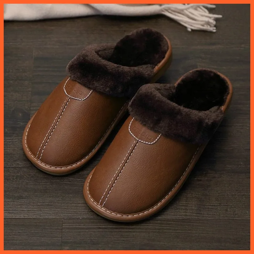 Men Winter Leather Slippers Cotton Slippers | Waterproof Thick Plus Velvet Indoor Warm Slippers