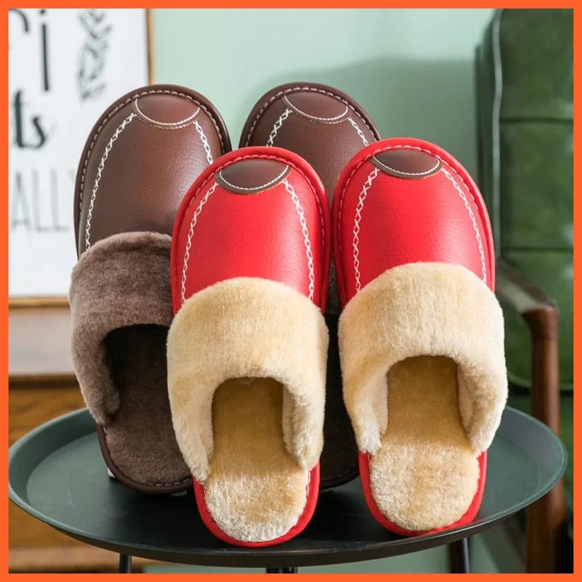 Men Winter Leather Slippers Cotton Slippers | Waterproof Thick Plus Velvet Indoor Warm Slippers